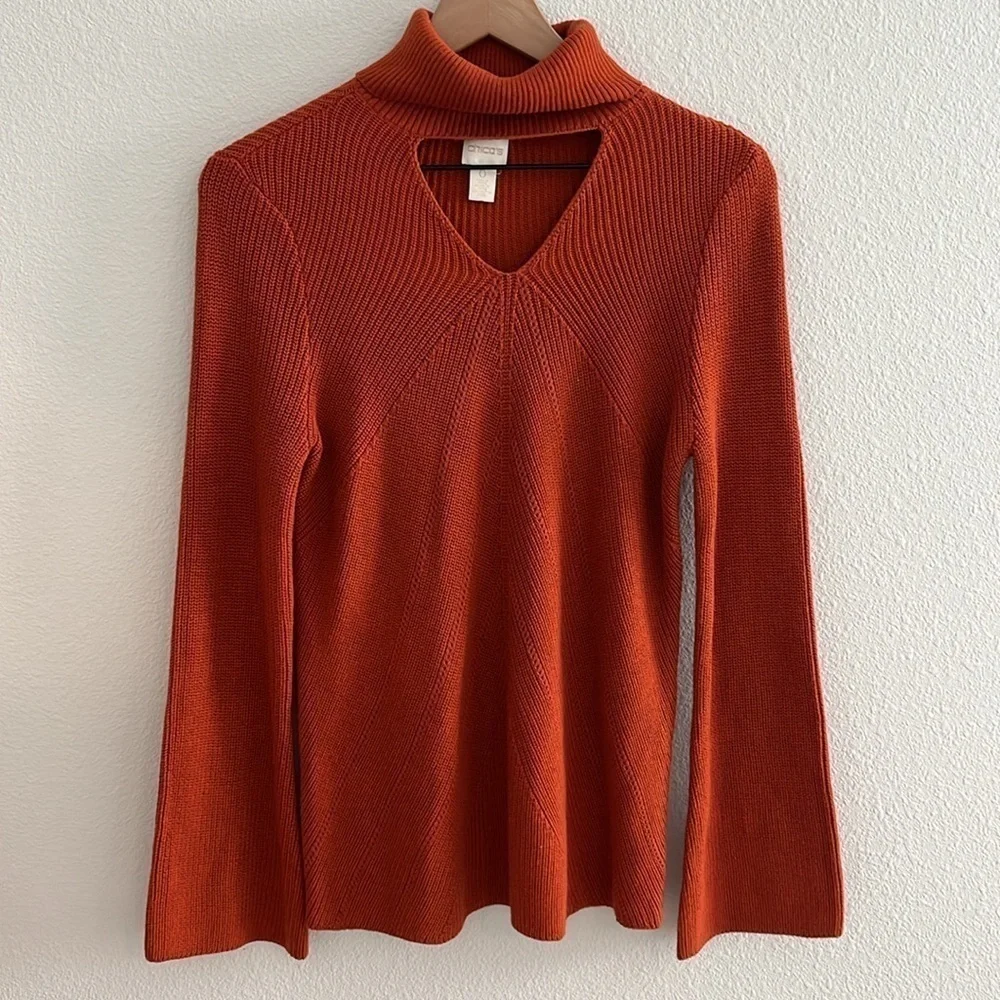 Chico’s Knit Turtleneck Knit Sweater Burnt Orange Keyhole Front